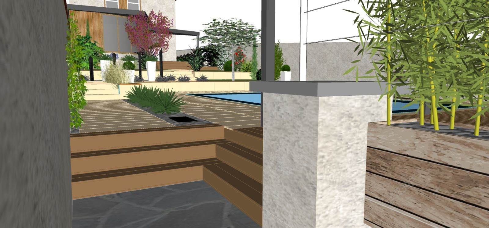 Conception 3D jardin avec terrasse rhône 69